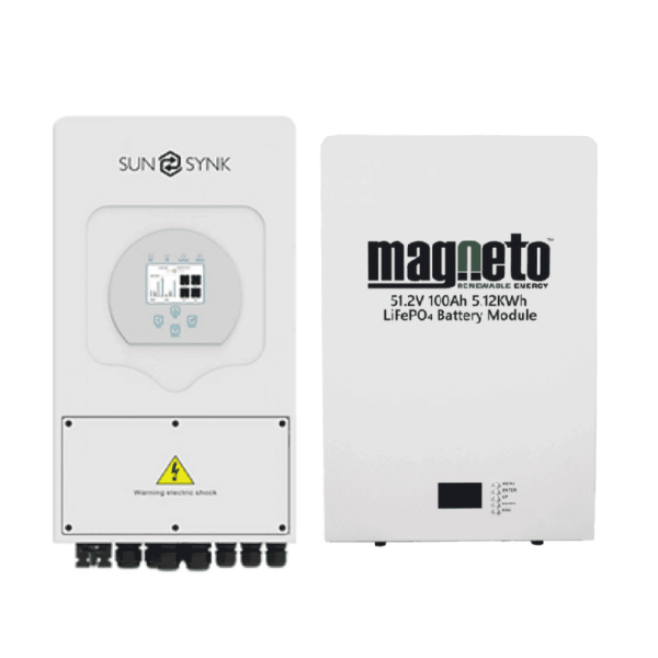 Sunsynk 5kW 1P Hybrid PV inverter 48v C/W Wifi Dongle IP65 and Magneto Lithium LifePo4 Wall Mount 5.1kWh Battery