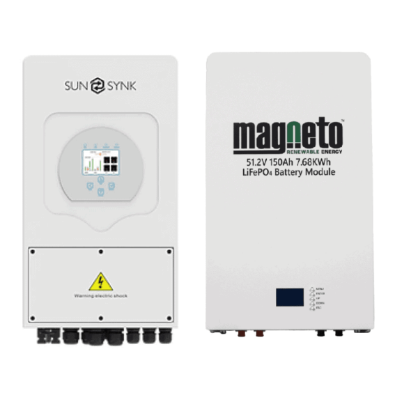 Sunsynk 8kW 1P Hybrid PV Inverter 48v C/W Wifi Dongle IP65 and 1 X Magneto Lithium LifePo4 Wall Mount 7.6kWh Battery