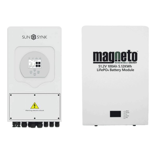 1 X SUNSYNK 8kW Hybrid Parity Inverter (1 Phase) 1 X Magneto Lithium LifePo4 Wall Mount 5.1kWh – Energy Storage Battery View SUNSYNK 8kW Hybrid Parity Inverter (1 Phase) Brochure View Magneto Lithium LifePo4 Wall Mount 5.1kWh – Energy Storage Battery Brochure
